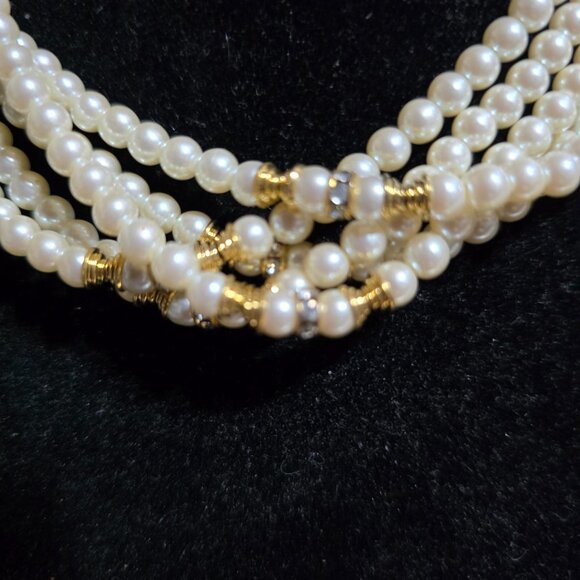 Multi-Strand Pearl Necklace With Gold & Rhinestone Spacers 18" - Picture 2 of 4